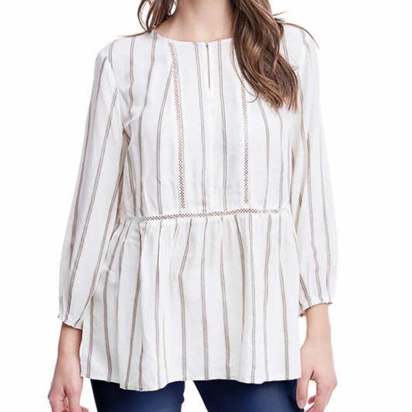 Creme Stripe Crochet Keyhole Boho Top NEW BNWT - Picture 1 of 4
